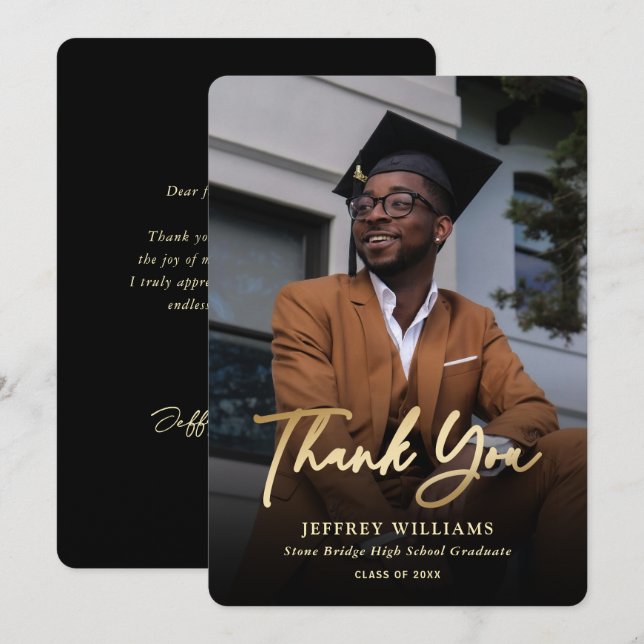 Elegant Modern Script Black Gold Photo Graduation Thank You Card (Front/Back)