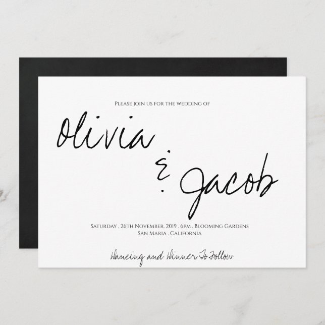 Elegant Modern Script Black & White Wedding Invitation (Front/Back)