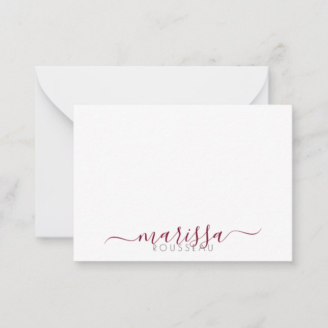 Elegant Modern Script Burgundy Monogram Name  Card (Front)