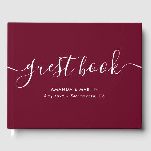 Elegant Modern Script Burgundy Wedding Guest Book