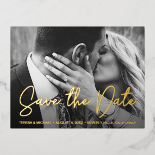 Elegant Modern Script Custom Photo Wedding Foil Holiday Postcard