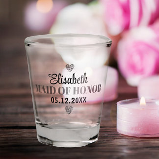 Elegant Modern Script Cute Glitter Hearts Custom Shot Glass