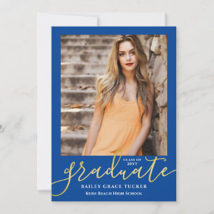 Elegant Modern Script Dark Blue Photo Graduation Announcement