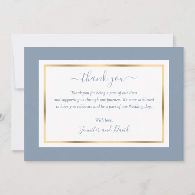 Elegant Modern Script Dusty Blue and Gold Thank You Card (Front)