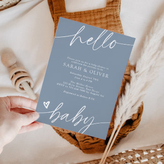 Elegant Modern Script Dusty Blue Baby Shower Invitation