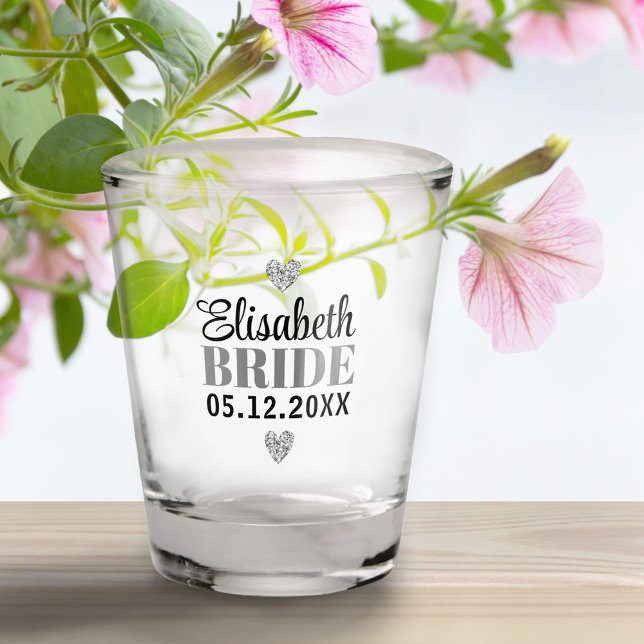   Elegant Modern Script Glitter Hearts Grey Bridal Shot Glass (Creator Uploaded)