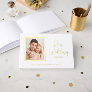 Elegant Modern Script Gold Foil Photo Wedding Guest Book