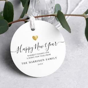 Elegant Modern Script Gold Heart Happy New Year Favour Tags