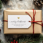 Elegant Modern Script Gold Heart Merry Christmas Gift Tags<br><div class="desc">Modern minimalist family holiday gift tag with elegant script calligraphy reading MERRY CHRISTMAS under a printed golden heart. Below is space for your custom message as well as additional space on the back for more detailed greetings.</div>