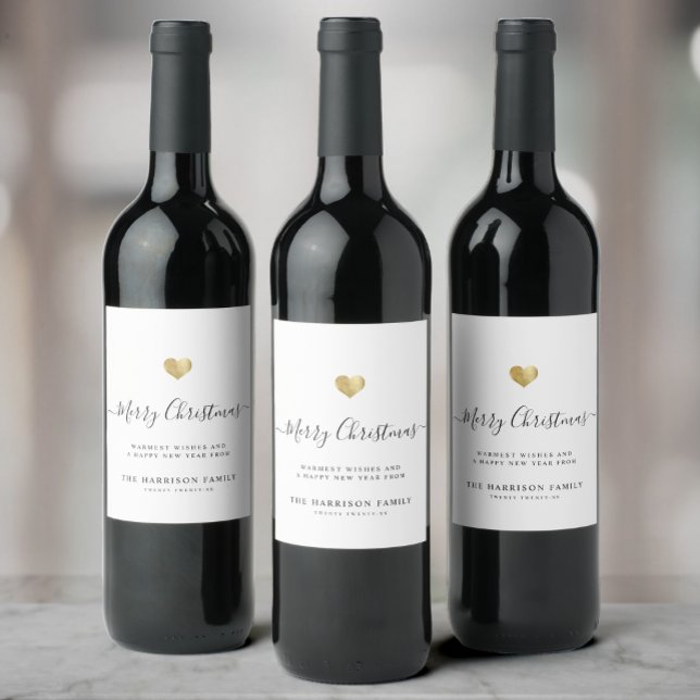 Elegant Modern Script Gold Heart Merry Christmas Wine Label (Creator Uploaded)