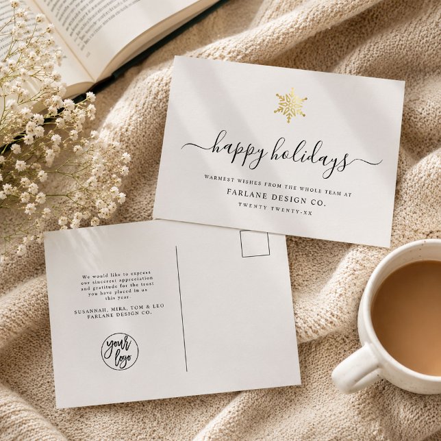 Elegant Modern Script Gold Snowflake Corporate Holiday Postcard (Creator Uploaded)