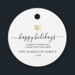 Elegant Modern Script Gold Snowflake Holiday Favour Tags<br><div class="desc">Modern minimalist family holiday gift tag with elegant script calligraphy reading HAPPY HOLIDAYS under a printed golden snowflake. Below is space for your custom message as well as additional space on the back for more detailed greetings.</div>