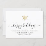 Elegant Modern Script Gold Snowflake Simple Holiday Card<br><div class="desc">Modern minimalist family holiday card with elegant script calligraphy reading HAPPY HOLIDAYS under a printed golden snowflake. Below is space for your custom message as well as additional space on the back for more detailed greetings.</div>