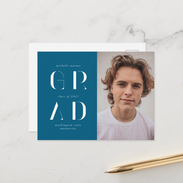 Elegant Modern Script Graduation Announcement  Postcard (Front/Back In Situ)