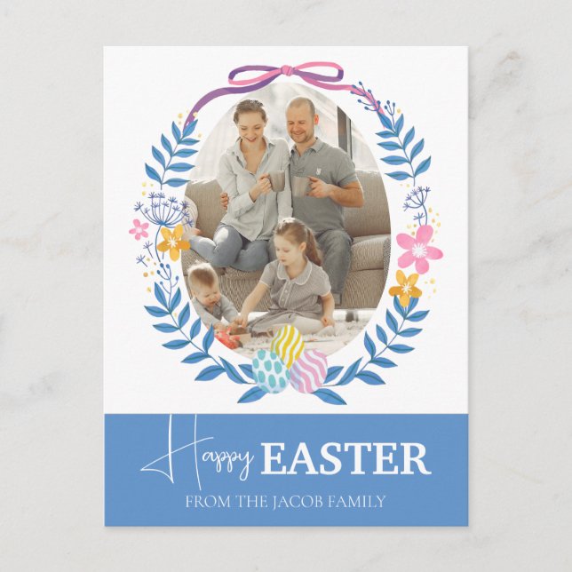 Elegant Modern Script Happy Easter family photo Holiday Postcard (Front)