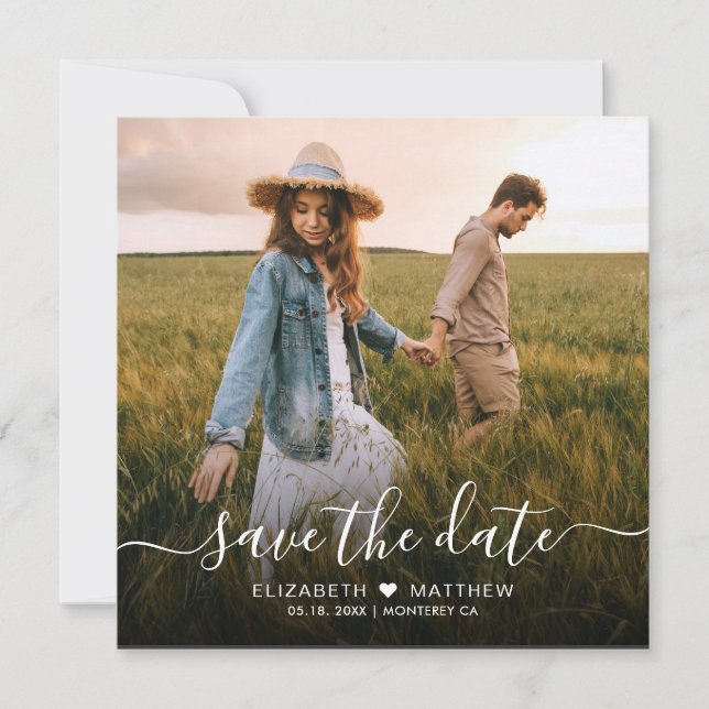 Elegant Modern Script Heart One Photo Wedding Save The Date (Front)