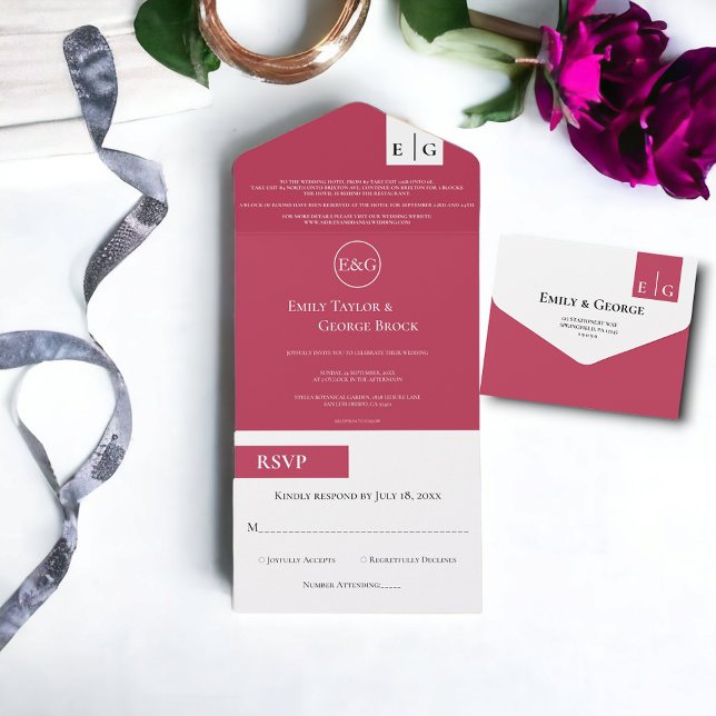 Elegant Modern Script Magenta Monogram Wedding All In One Invitation (Creator Uploaded)