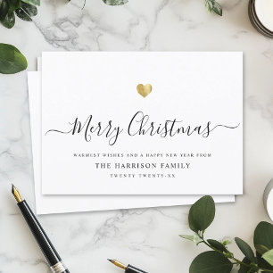 Elegant Modern Script Merry Christmas Gold Heart Holiday Card