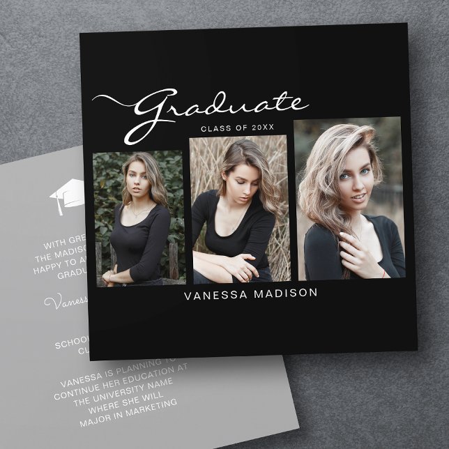 Elegant Modern Script Minimal | 3 Photo Graduation Announcement (Creator Uploaded)