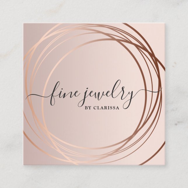 Elegant modern script minimal rose gold jewellery square business card (Front)