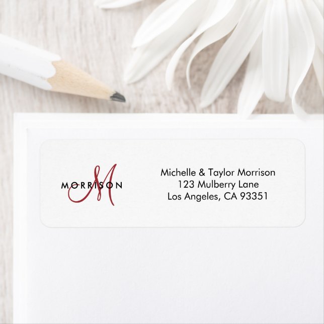 Elegant Modern Script Monogram Red Return Address (Insitu)
