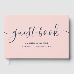 Elegant Modern Script Navy Blue and Blush Wedding Guest Book