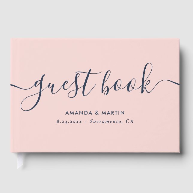 Elegant Modern Script Navy Blue and Blush Wedding Guest Book (Front)