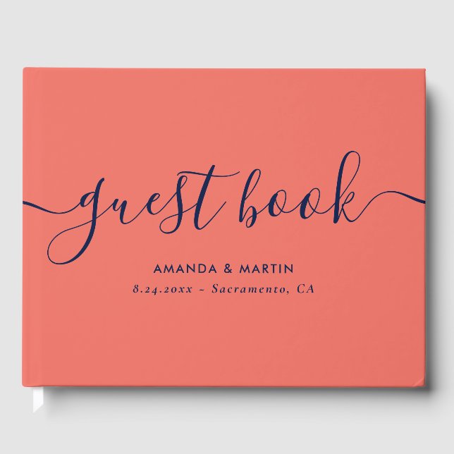 Elegant Modern Script Navy Blue and Coral Wedding Guest Book (Front)