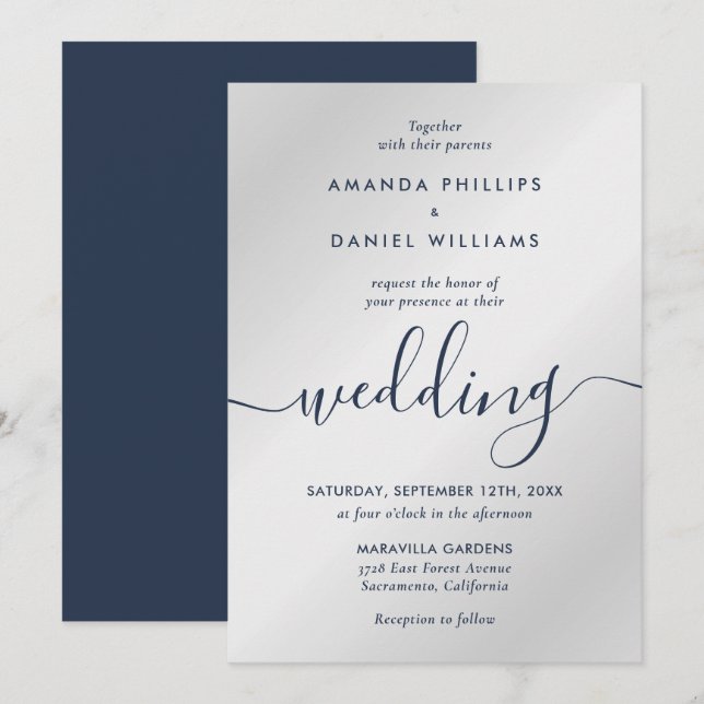 Elegant Modern Script Navy Blue and Silver Wedding Invitation (Front/Back)