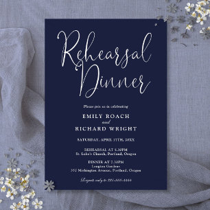 Elegant Modern Script Navy Blue Rehearsal Dinner Invitation