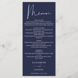 Elegant Modern Script Navy Blue Wedding Dinner Menu