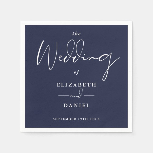 Elegant Modern Script Navy Blue Wedding Napkin (Front)