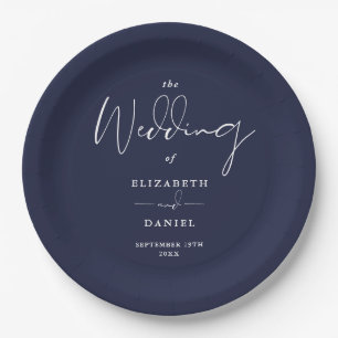 Elegant Modern Script Navy Blue Wedding Paper Plate