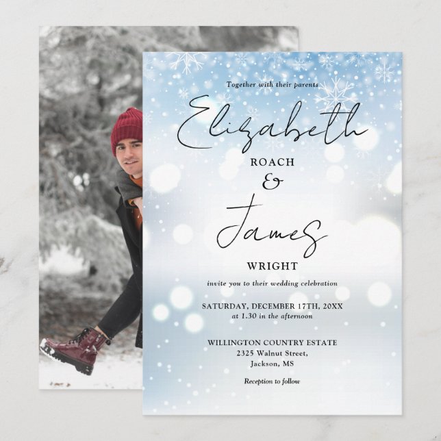Elegant Modern Script Photo Snow Winter Wedding Invitation (Front/Back)