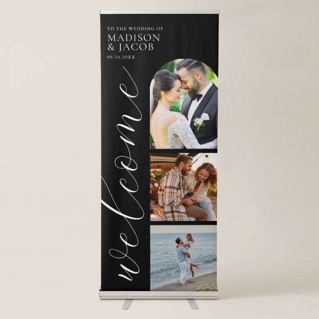 Elegant Modern Script Photo Wedding Welcome Retractable Banner (Front)