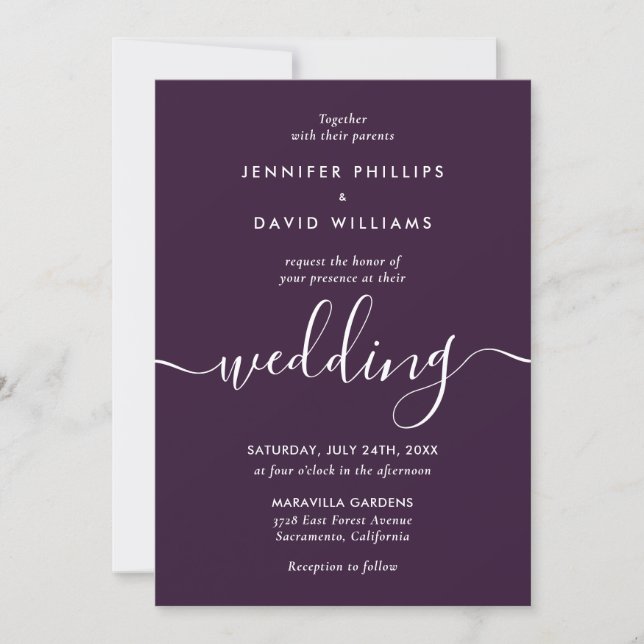 Elegant Modern Script Purple Wedding Invitation (Front)