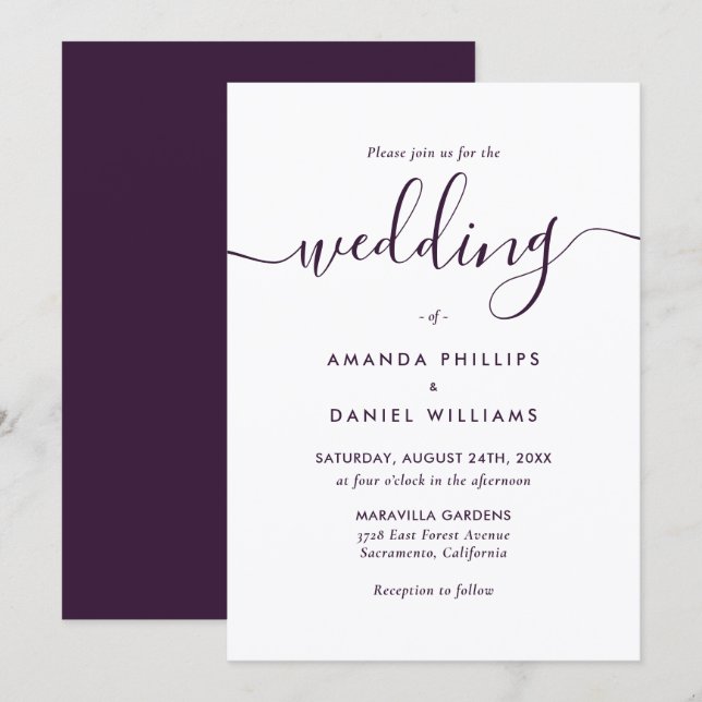 Elegant Modern Script Purple Wedding Invitation (Front/Back)