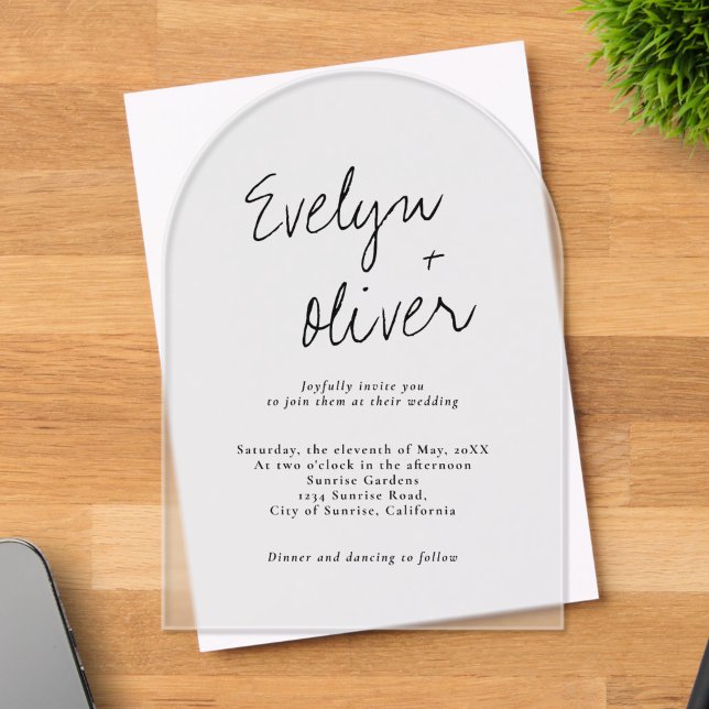 Elegant Modern Script QR Code Arch Shaped Wedding Acrylic Invitations (Creator Uploaded)