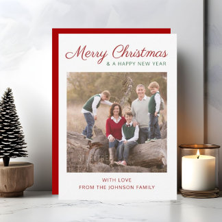Elegant Modern Script Red Christmas Photo Holiday Card