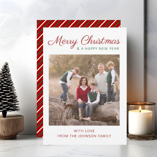 Elegant Modern Script Red Stripes Christmas Photo Holiday Card