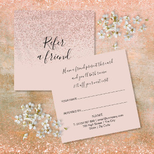 Elegant Modern Script Rose Gold Glitter Customer Referral Card