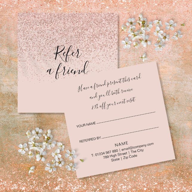 Elegant Modern Script Rose Gold Glitter Customer Referral Card (Elegant Modern Script Rose Gold Glitter Customer Referral Card)