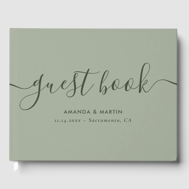 Elegant Modern Script Sage Green Wedding Guest Book (Front)