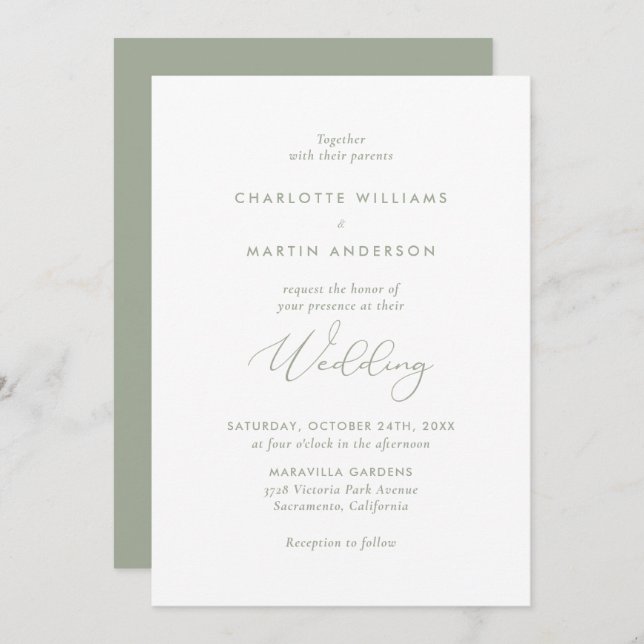 Elegant Modern Script Sage Green Wedding Invitation (Front/Back)