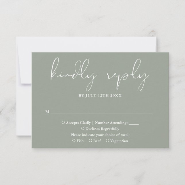 Elegant Modern Script Sage Green Wedding RSVP Card (Front)