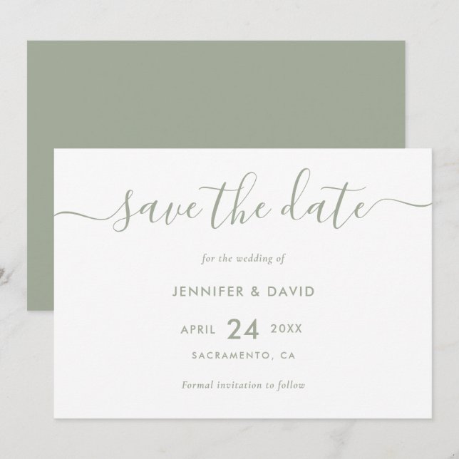 Elegant Modern Script Sage Green Wedding Save The Date (Front/Back)