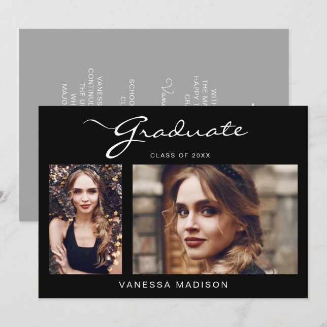 Elegant Modern Script Simple | 2 Photo Graduation Announcement (Front/Back)