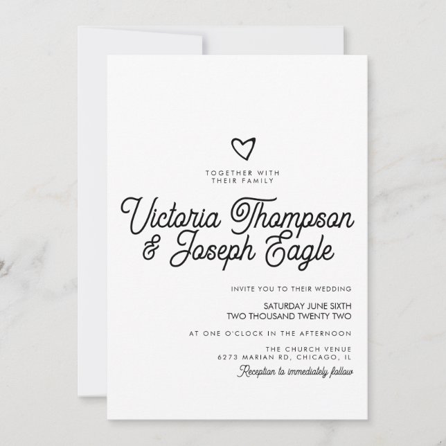Elegant Modern Script Swirly Black White Wedding  Invitation (Front)