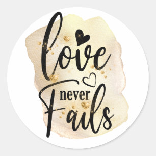 Elegant Modern Script Typography Love Never Fails Classic Round Sticker