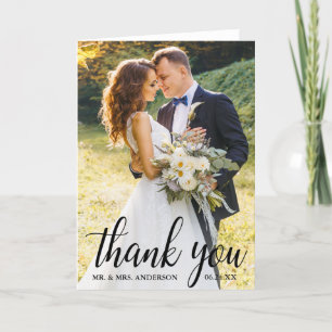 Elegant Modern Script Wedding Couple Photo Fold Thank You Card